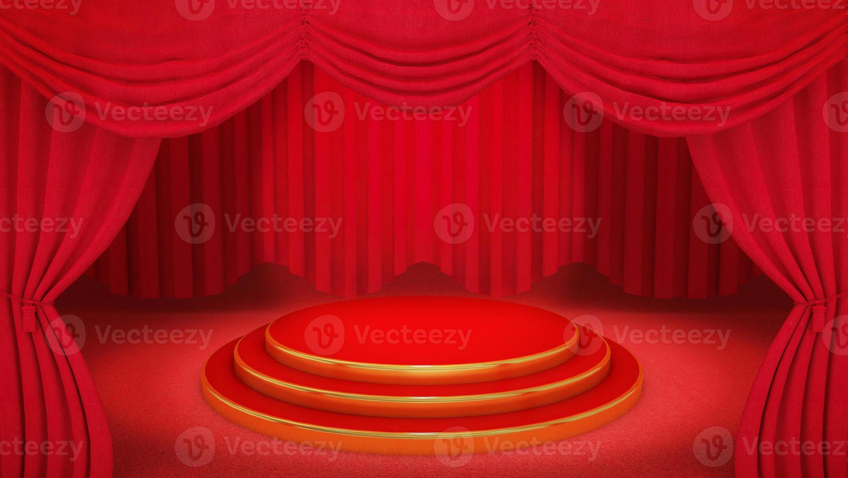 Red and gold Stage on red theatre curtain background., 3D rendering. photo