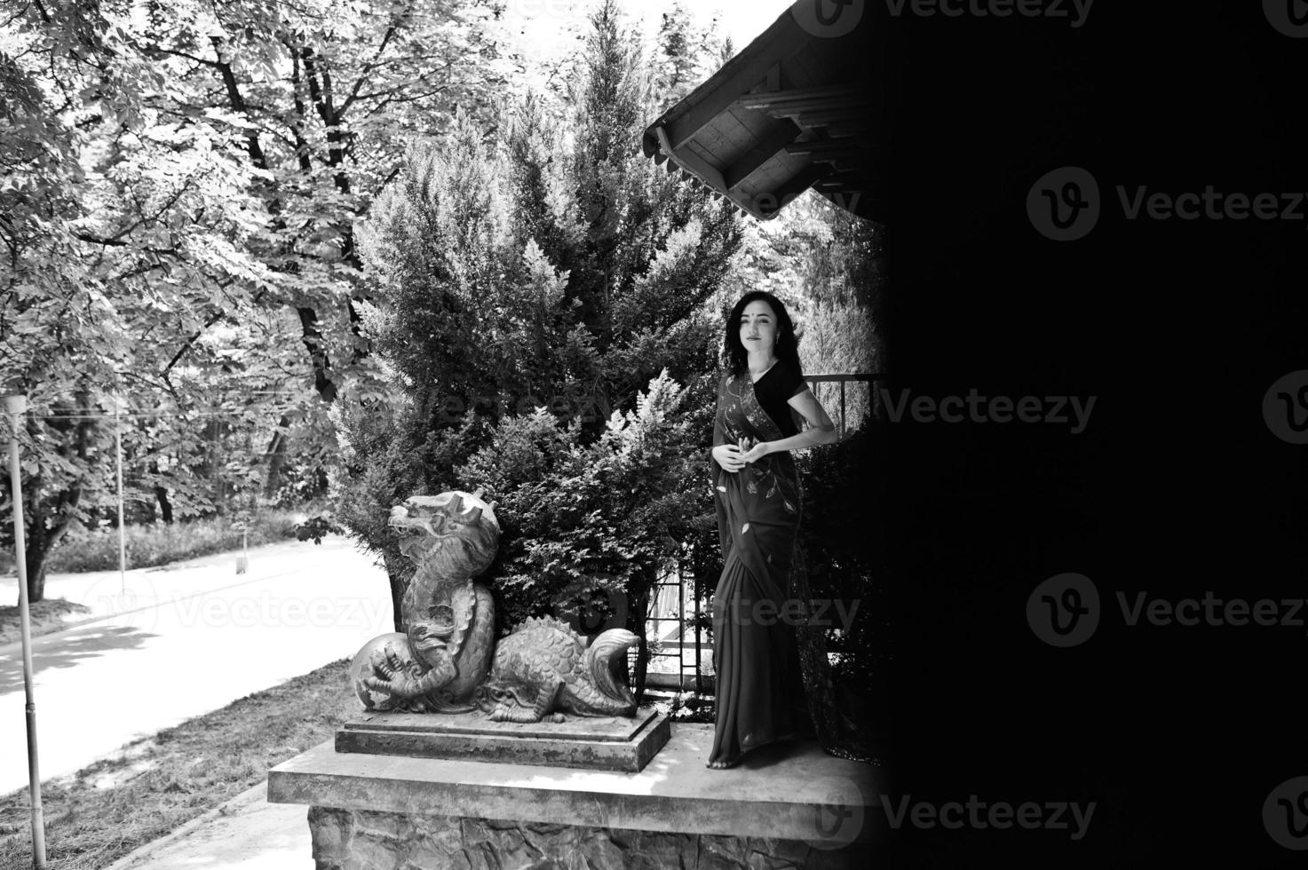 retrato de una hermosa brumette india o modelo de mujer hindú contra la casa tradicional japonesa y la figura del dragón. foto