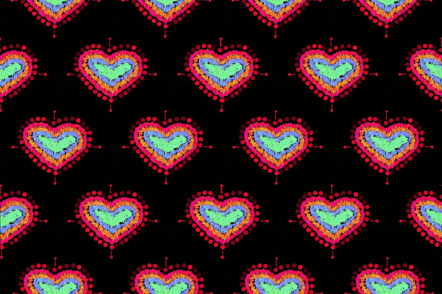 pattern of freehand sketch shape heart, colorful red green blue yeloow orange color design elements isolated on black background, symbol love Valentine Day, textile Fabric photo