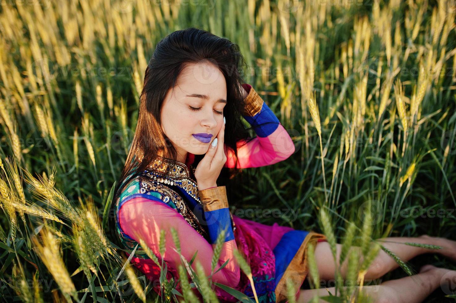 Tender indian girl in saree, with violet lips make up posed at field in sunset. Fashionable india model. photo