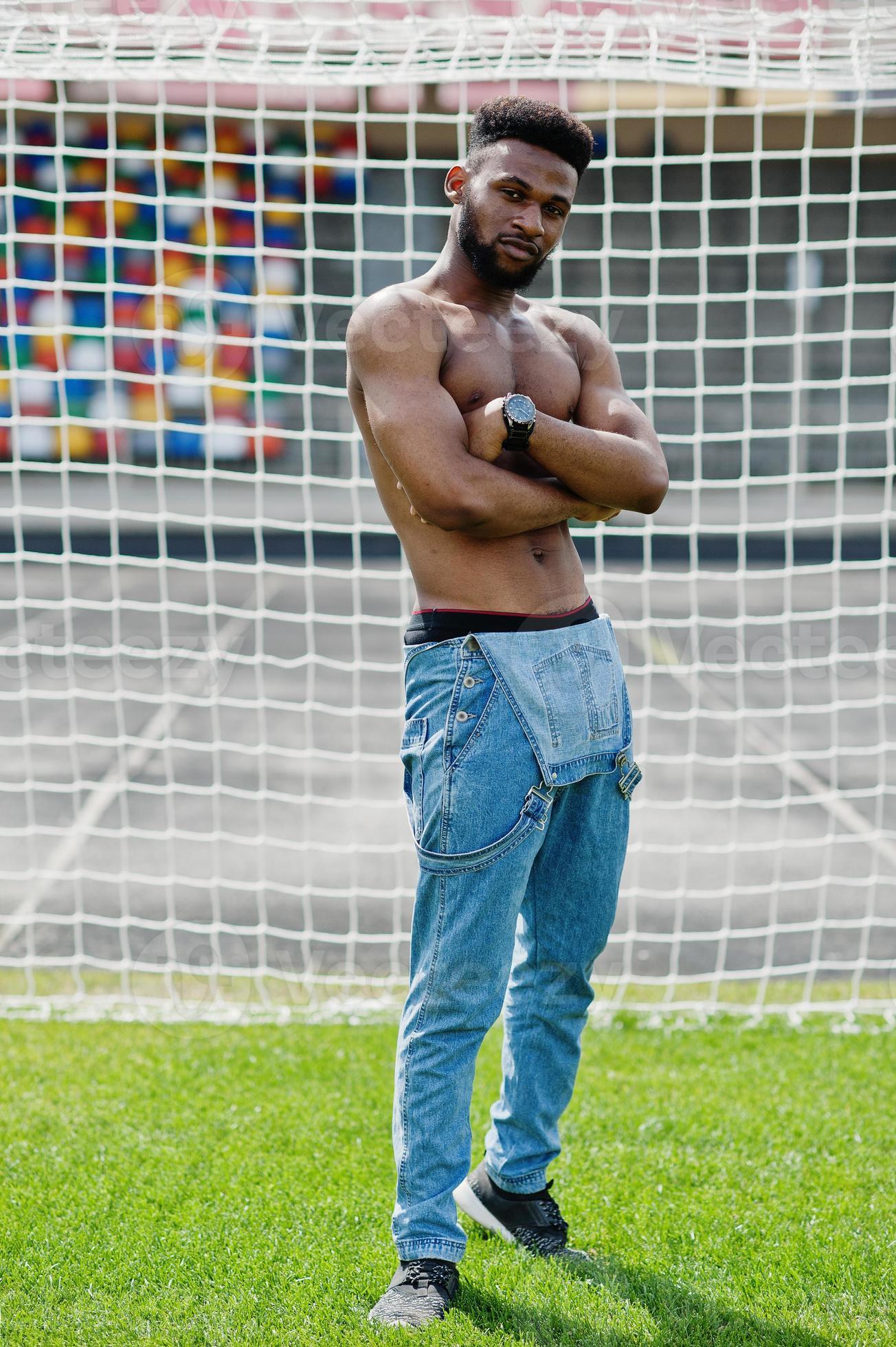 Handsome sexy african american muscular bare torso man at jeans