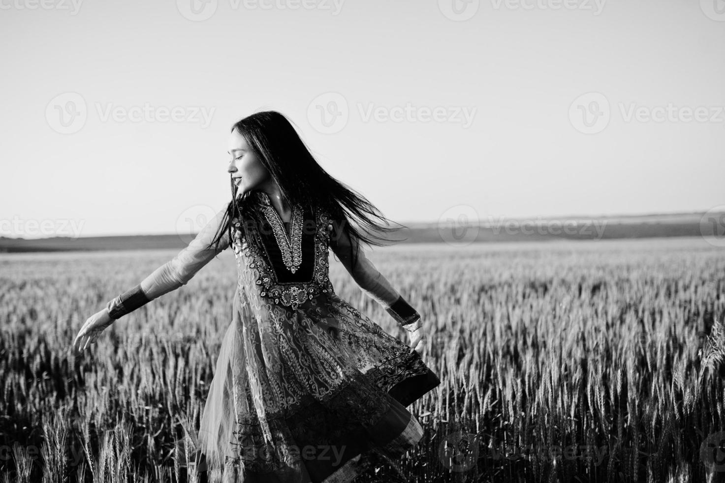 Tender indian girl in saree, with violet lips make up posed at field in sunset. Fashionable india model. photo