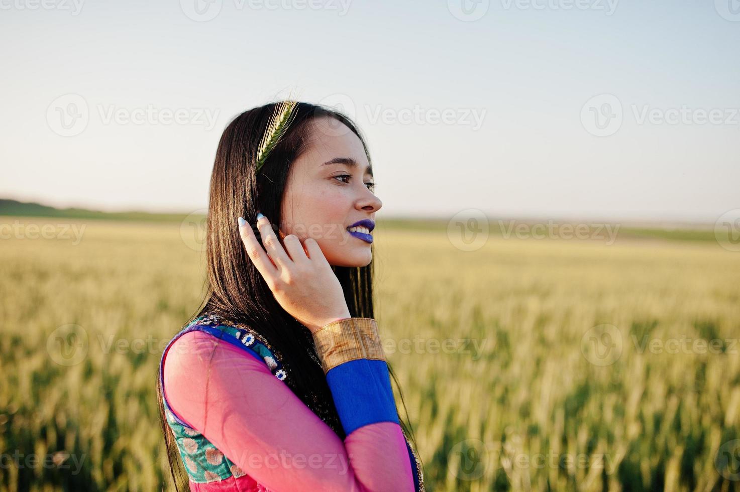 Tender indian girl in saree, with violet lips make up posed at field in sunset. Fashionable india model. photo