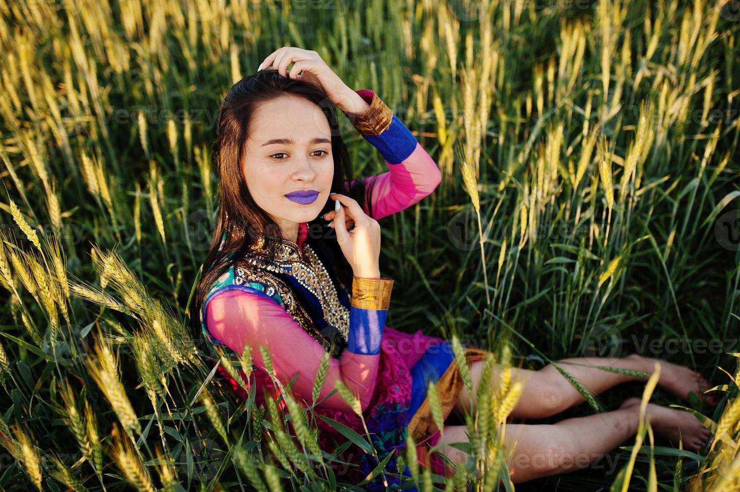 Tender indian girl in saree, with violet lips make up posed at field in sunset. Fashionable india model. photo