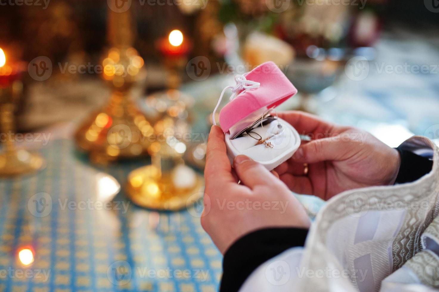 Hand of priest at rite of baptism hold pendant with an angel. photo