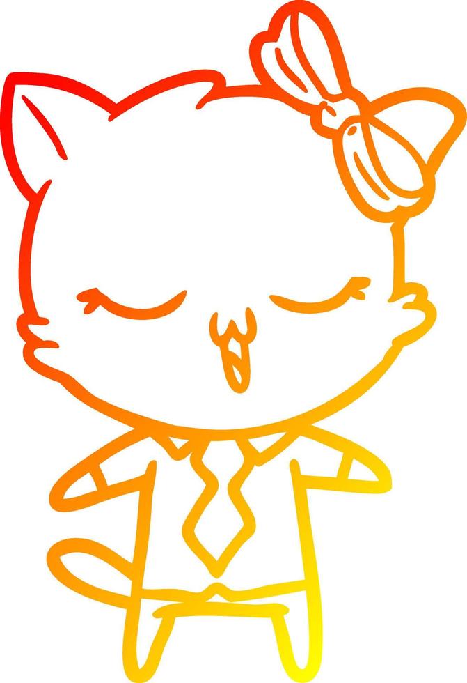 warm gradient line drawing cartoon cat with bow on head vector
