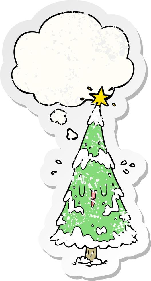 cartoon christmas tree and thought bubble as a distressed worn sticker vector