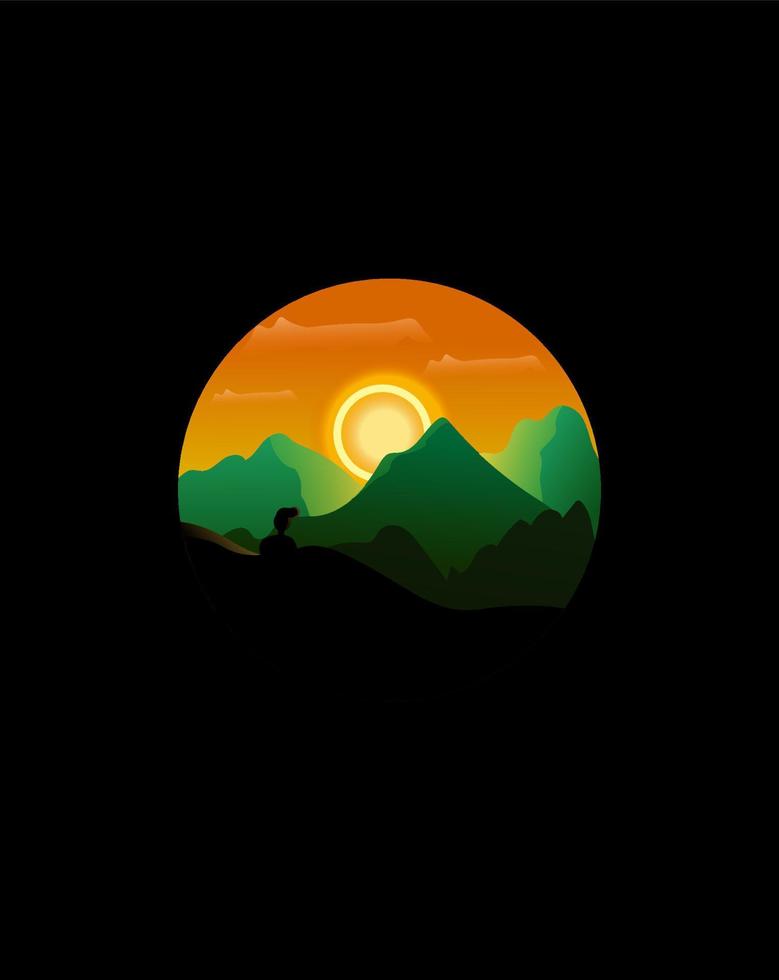 Beautiful peaceful mountain, orange mountain ranges at sunset or sunrise nature in circle vector