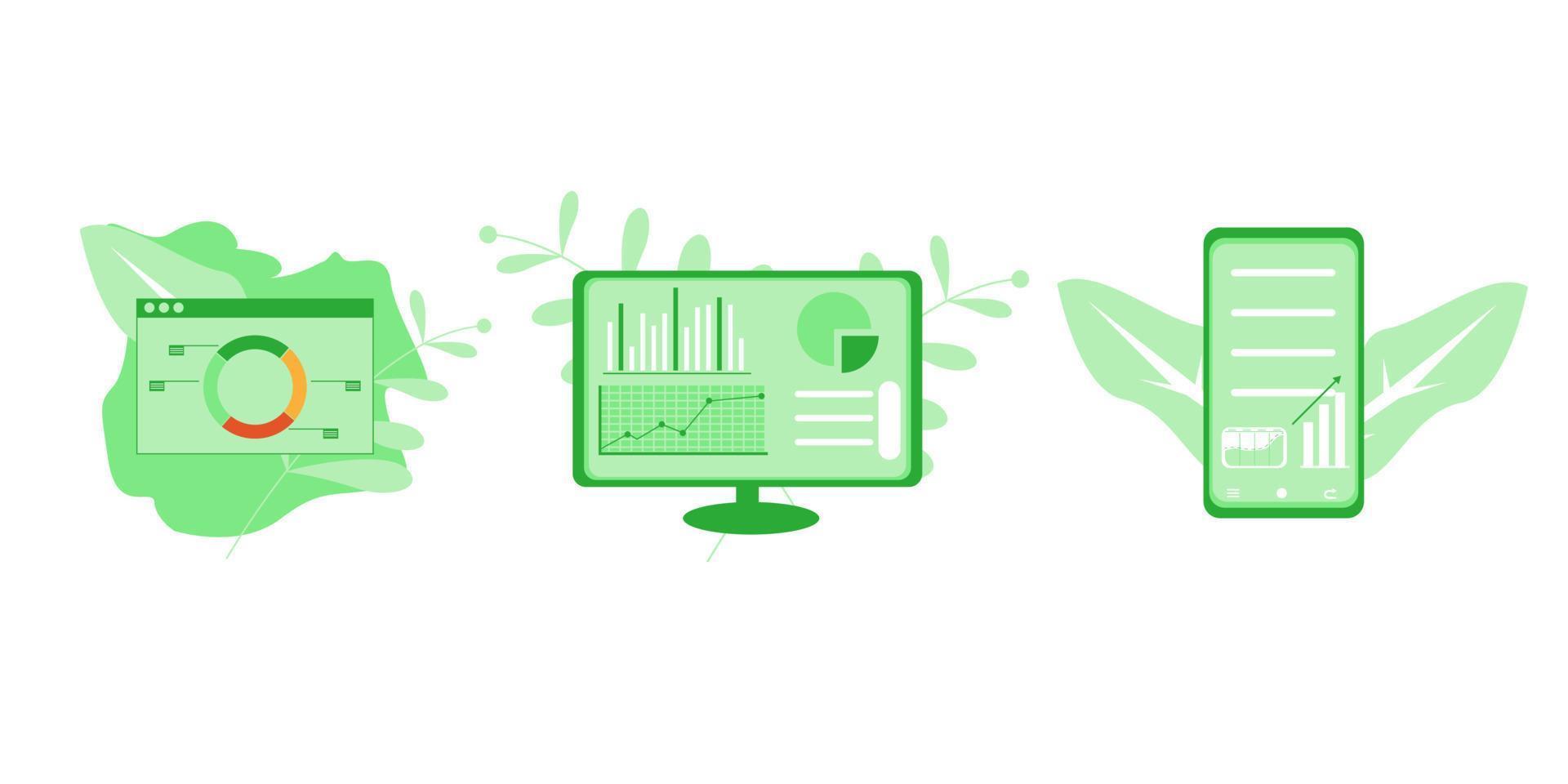 Financial illustration set. Characters investing money in stock market,charts and diagrams and other data. Stock trading concept. Vector illustration.