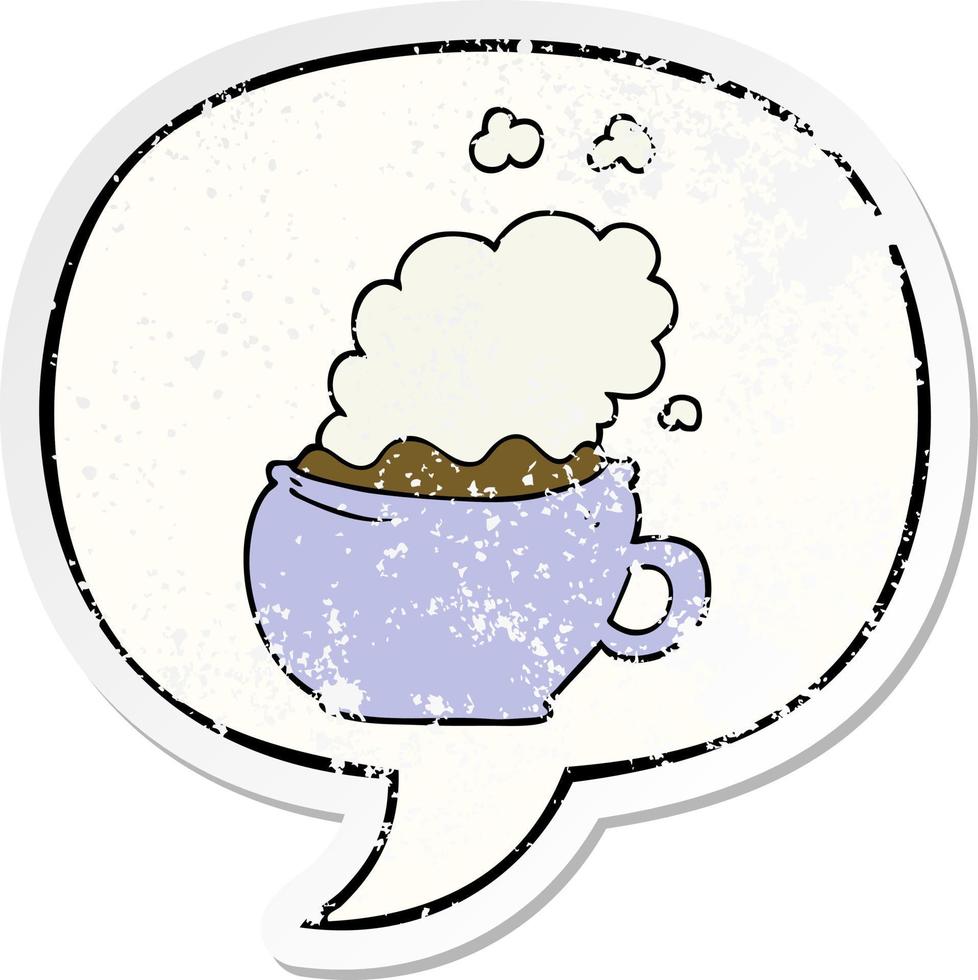 cartoon hot cup of coffee and speech bubble distressed sticker vector