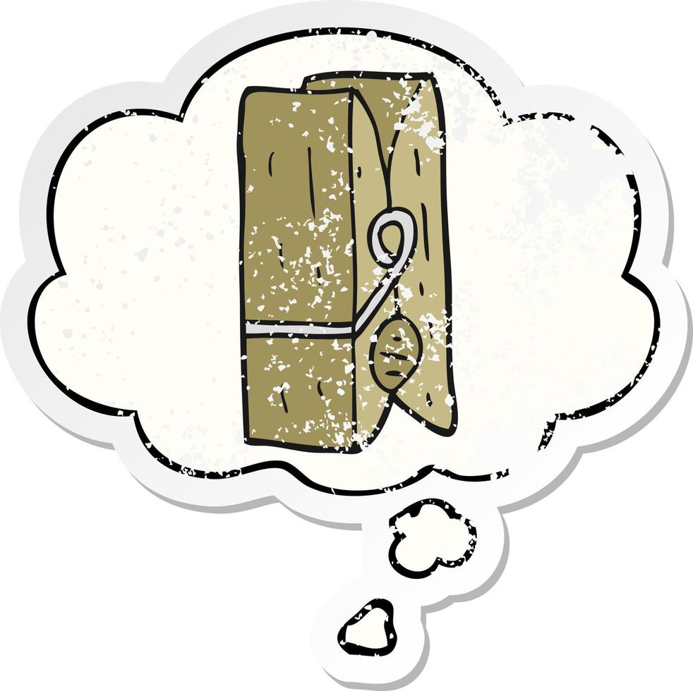 cartoon peg and thought bubble as a distressed worn sticker vector