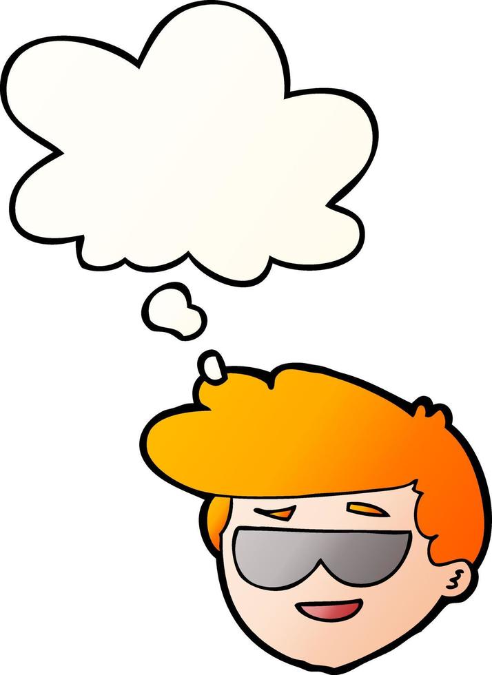 cartoon boy wearing sunglasses and thought bubble in smooth gradient style vector