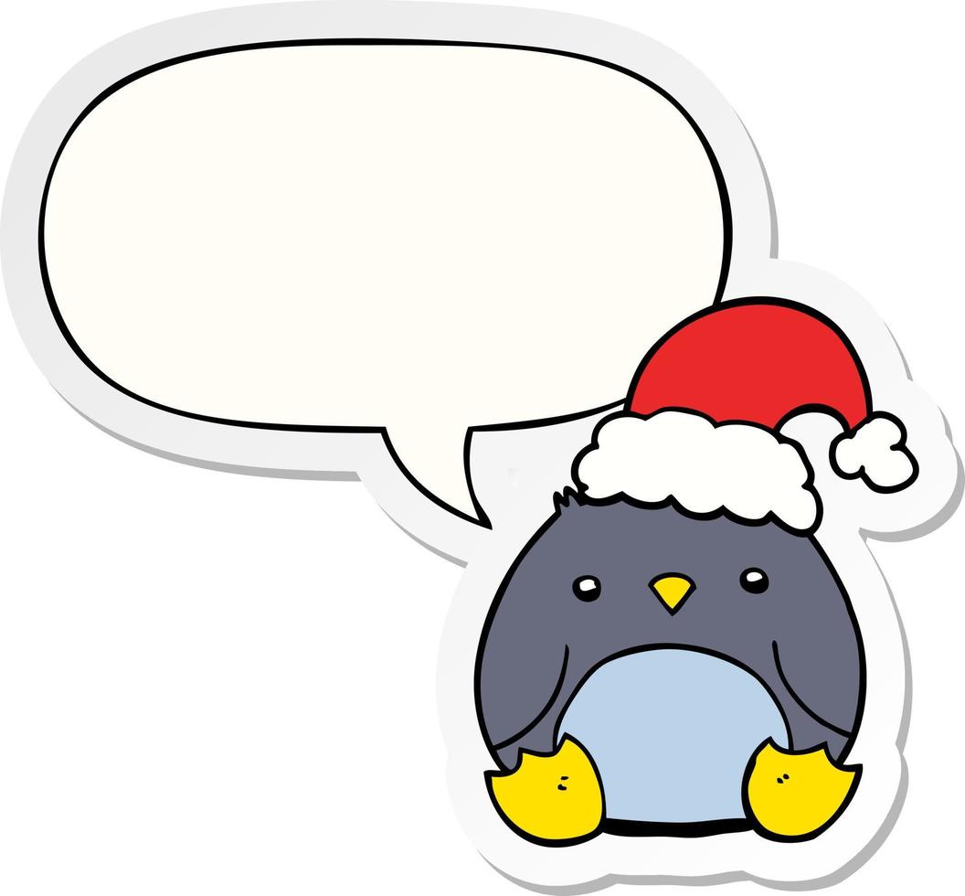 lindo pingüino de dibujos animados con sombrero de navidad y pegatina de burbuja de habla vector