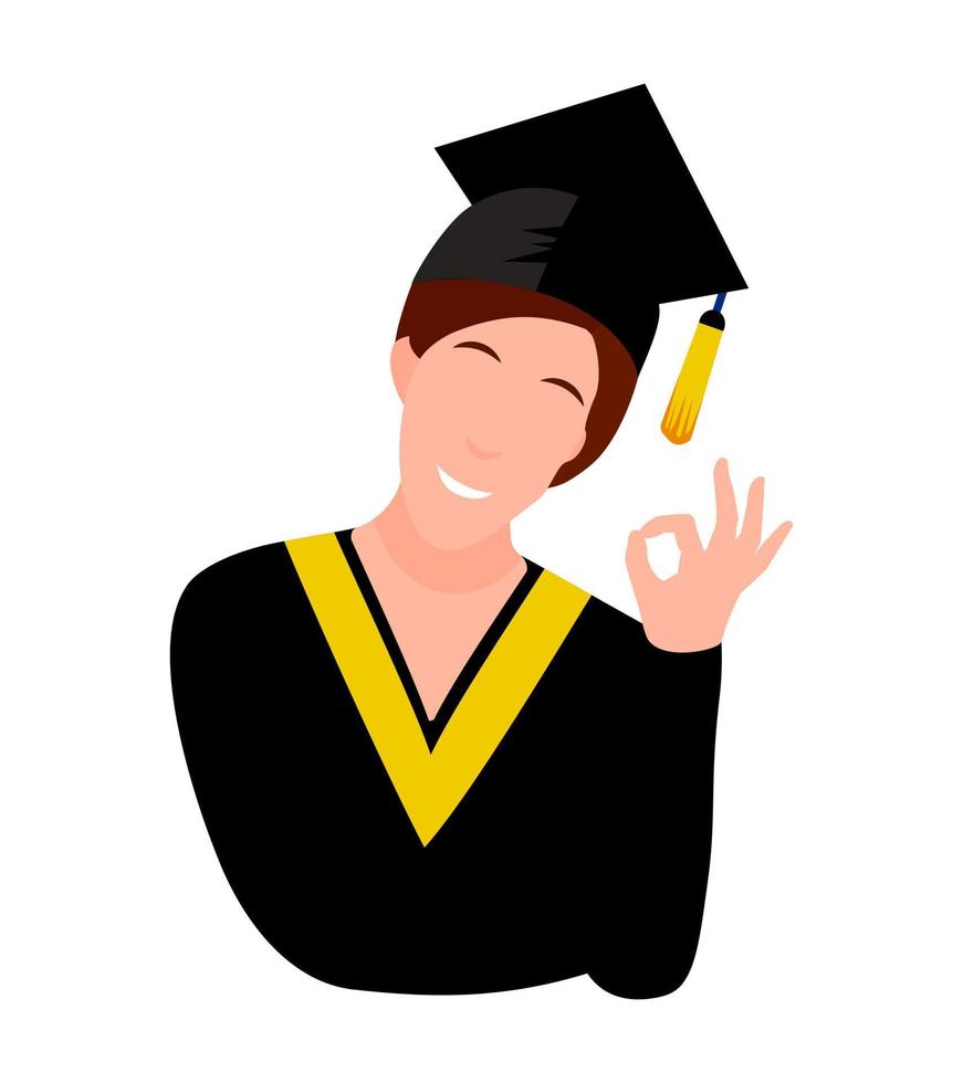 personaje de chica graduada, estudiante de vector con túnica negra y gorra, concepto de educación universitaria, ropa de ceremonia de graduación, alegre persona feliz aislada de fondo blanco.