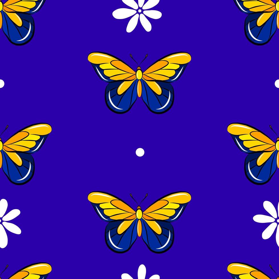dibujos animados mariposa colorido patrón sin costuras. plantilla de impresión de tela vectorial de vivero. hermoso fondo de pantalla de insectos. papel pintado natural mariposa azul y manzanilla blanca. vector
