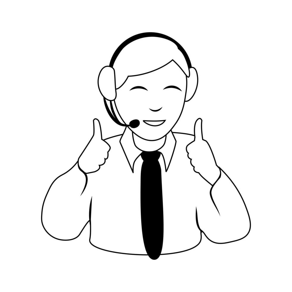 Call center operator in outline style. Vector concept sticker isolated on white background. Business illustration.