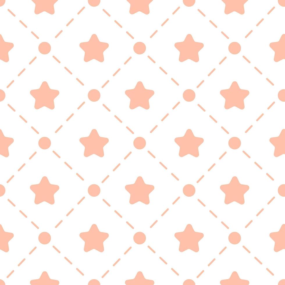 Nursery seamless pattern template. Simple vector star and shape fabric print. Isolated flat doodle drawing. Scandinavian retro boho style. Pink dotted line ornament.