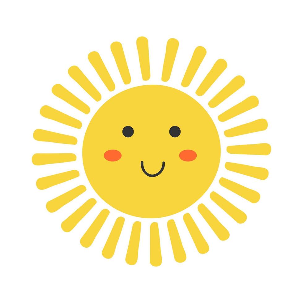 lindo personaje de sol de dibujos animados con cara kawaii. mascota de garabato amarillo simple aislada sobre fondo blanco. icono dibujado a mano plana. vector