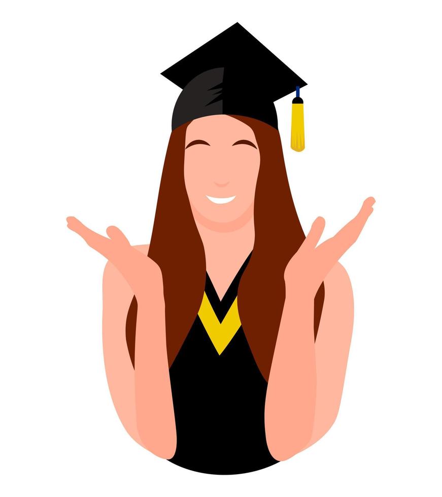 personaje de chica graduada, estudiante de vector con túnica negra y gorra, concepto de educación universitaria, ropa de ceremonia de graduación, alegre persona feliz aislada de fondo blanco.