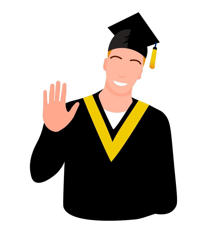 Graduate boy character, vector student in black robe and cap, university education concept, graduation ceremony wear, cheerful happy person isolated on white background.