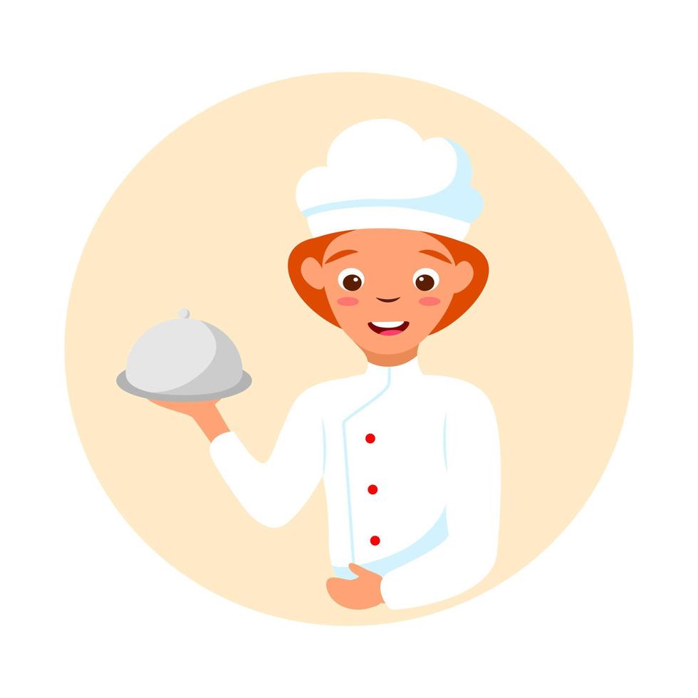 Vector smiling woman cook shef. Cartoon conceptual illustration isolated on white background with cute girl character. Restaurant or cafe cooking logo design.