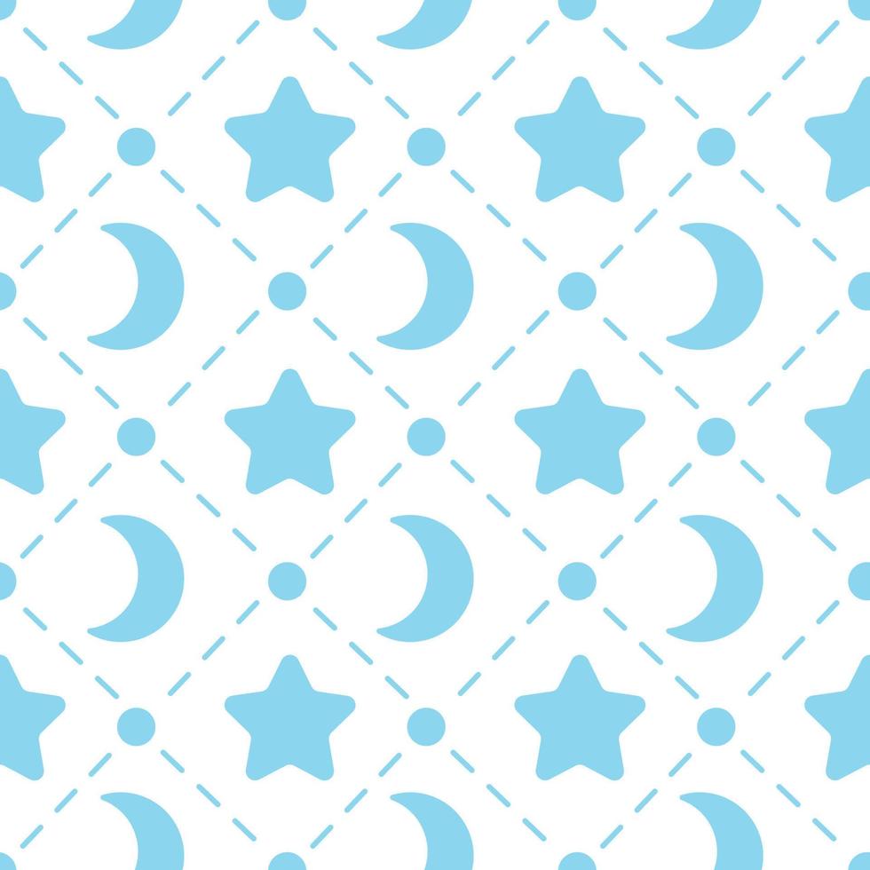 Nursery seamless pattern template. Simple vector star and moon shape fabric print. Isolated flat doodle drawing. Scandinavian retro boho style. Blue dotted line ornament.