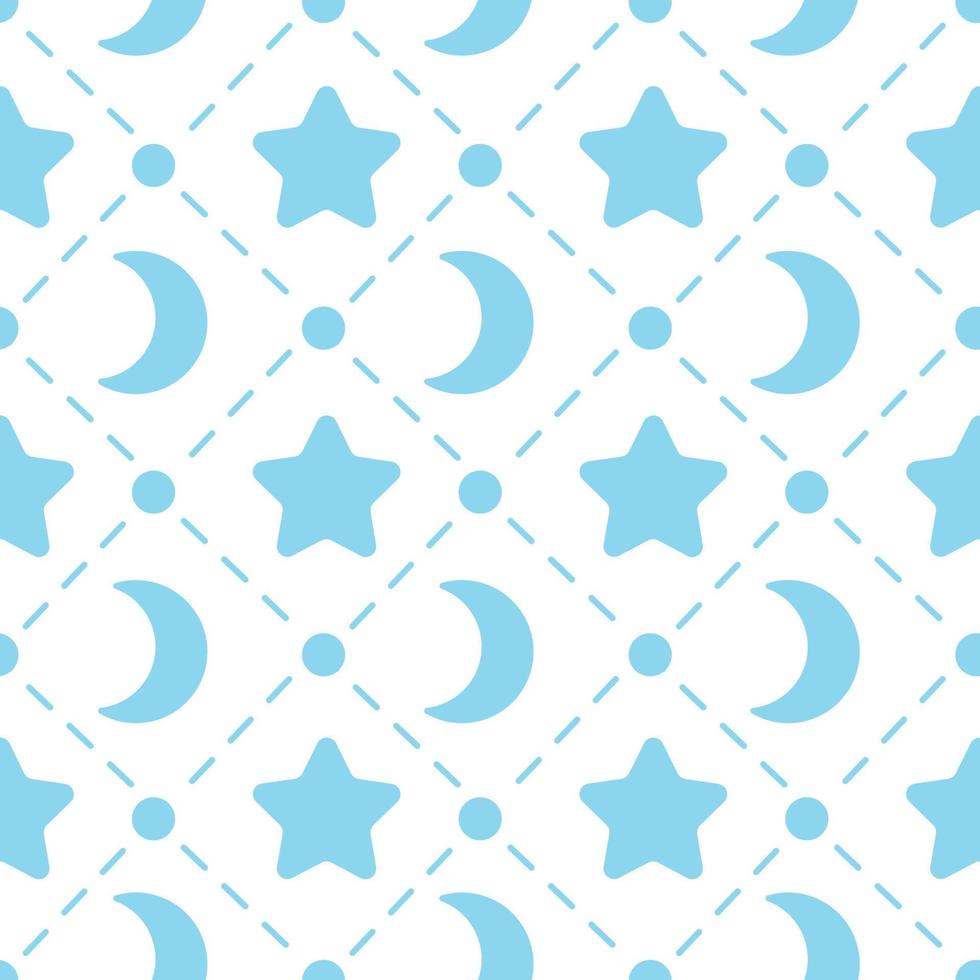 plantilla de patrones sin fisuras de vivero. estampado de tela con forma de luna y estrella vectorial simple. dibujo de garabato plano aislado. estilo boho retro escandinavo. adorno de línea punteada azul. vector