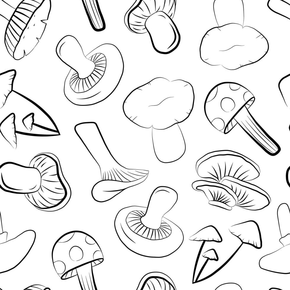 Mushroom vegetable food isolated seamless pattern. Vector fabric print template. Healthy food cooking ingredients. Forest harvest outline background.