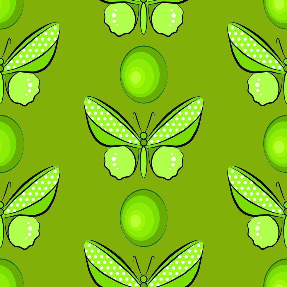 patrón sin costuras de mariposa verde de dibujos animados, fondo colorido. plantilla de impresión de tela vectorial de verano natural. hermoso insecto, fondo de pantalla de alas extendidas. vector