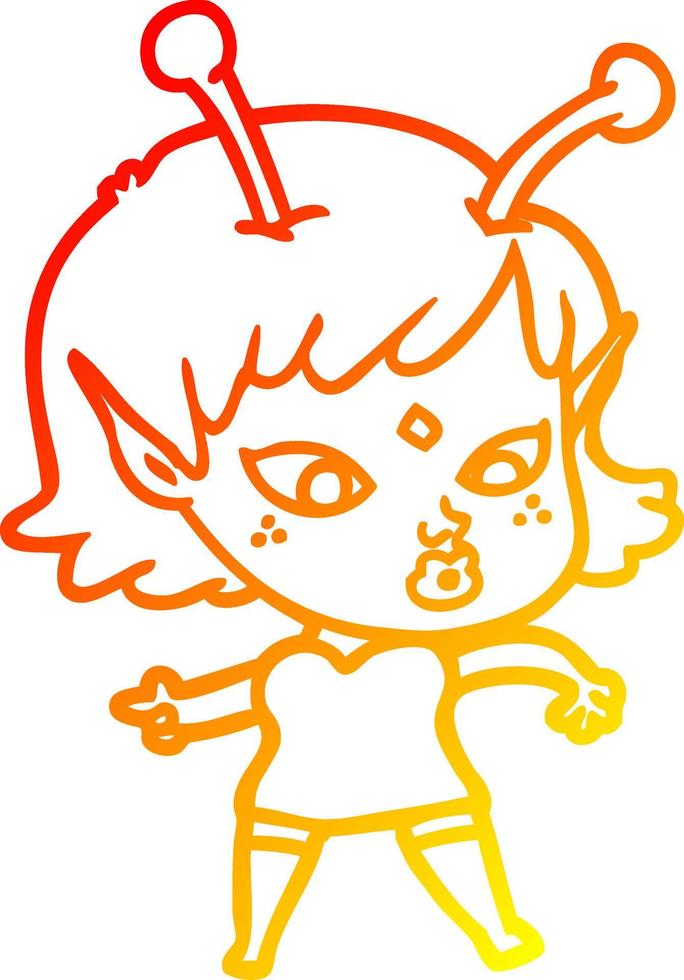 warm gradient line drawing pretty cartoon alien girl vector