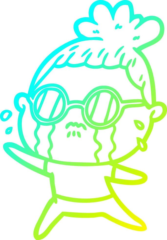 cold gradient line drawing cartoon crying woman wearing spectacles vector