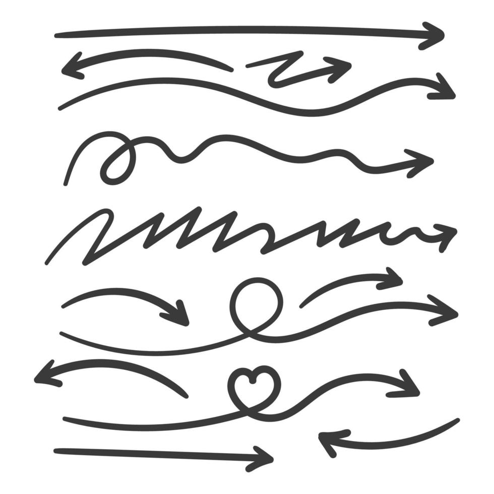 Conjunto de iconos de vector de flecha dibujados a mano. boceto de diseño de flecha para plan de negocios y educación.