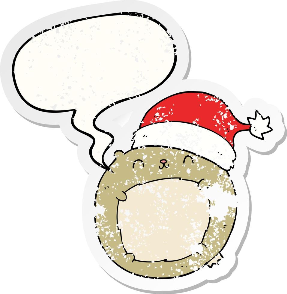 cute cartoon christmas bear and speech bubble distressed sticker vector