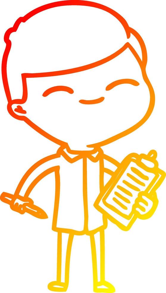 Dibujo de línea de gradiente cálido hombre sonriente de dibujos animados con tablero de clip vector