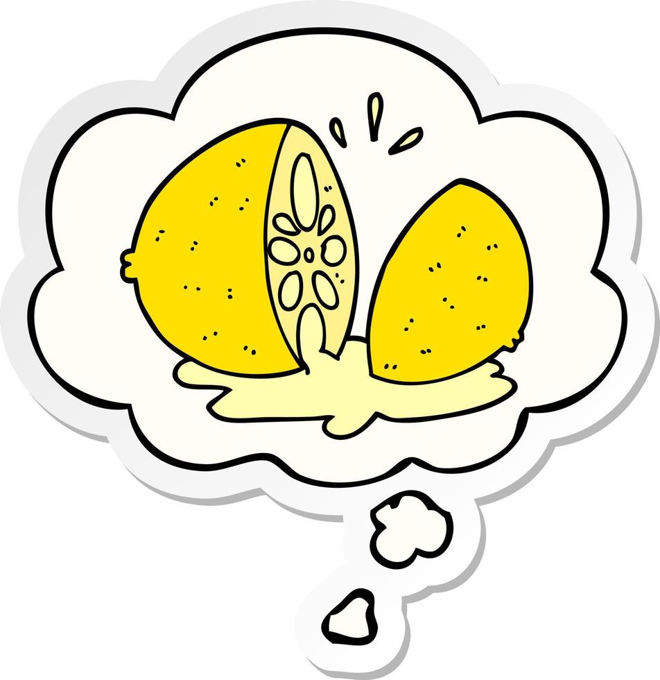 cartoon cut lemon and thought bubble as a printed sticker vector