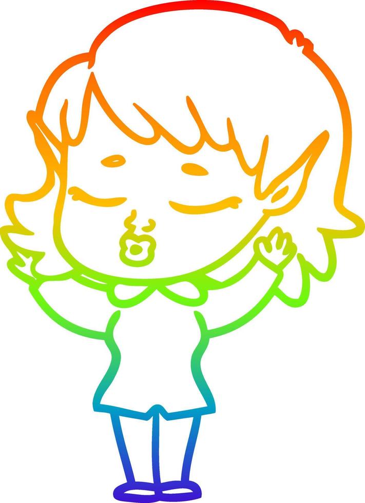 rainbow gradient line drawing pretty cartoon elf girl vector