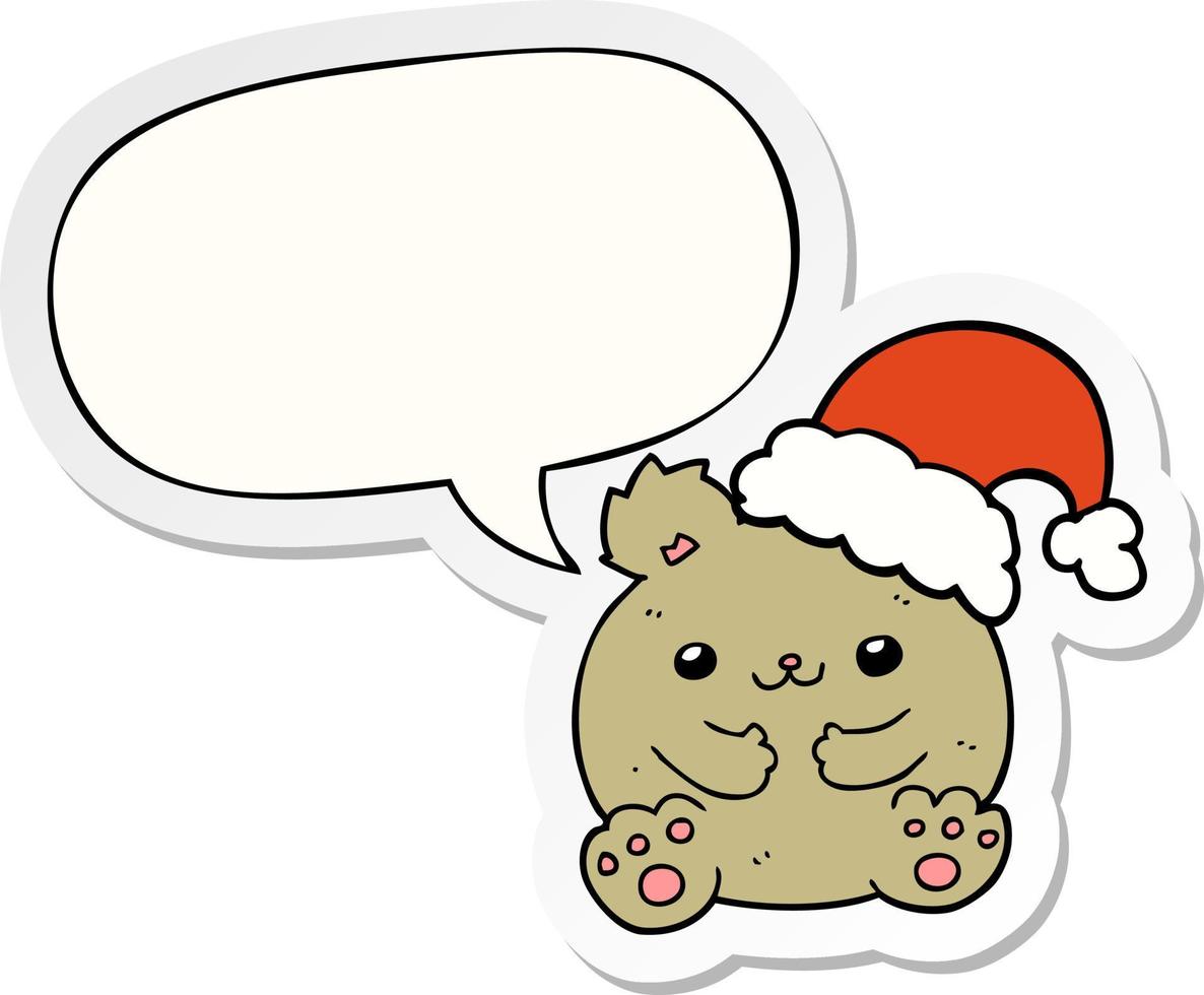 lindo oso de navidad de dibujos animados y etiqueta engomada de la burbuja del discurso vector