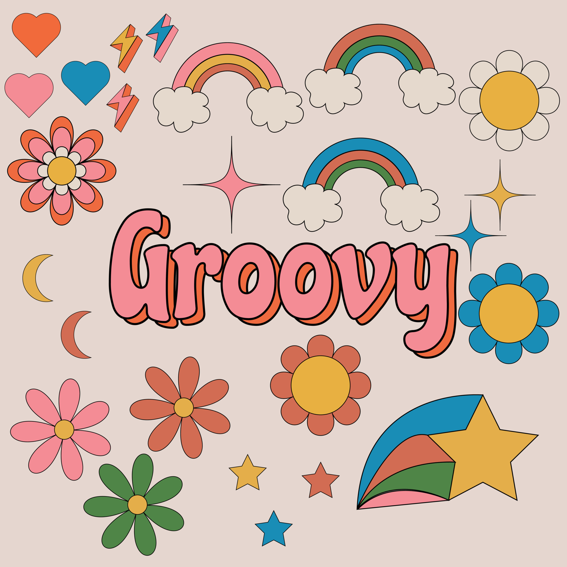 Retro 70s hippie psychedelic groovy elements set. Hand drawn funky  mushrooms, flowers, musical instruments, vintage hippy style collection.  Decorative disco lamp, heart, cherries. Vector illustration. 7320119 Vector  Art at Vecteezy