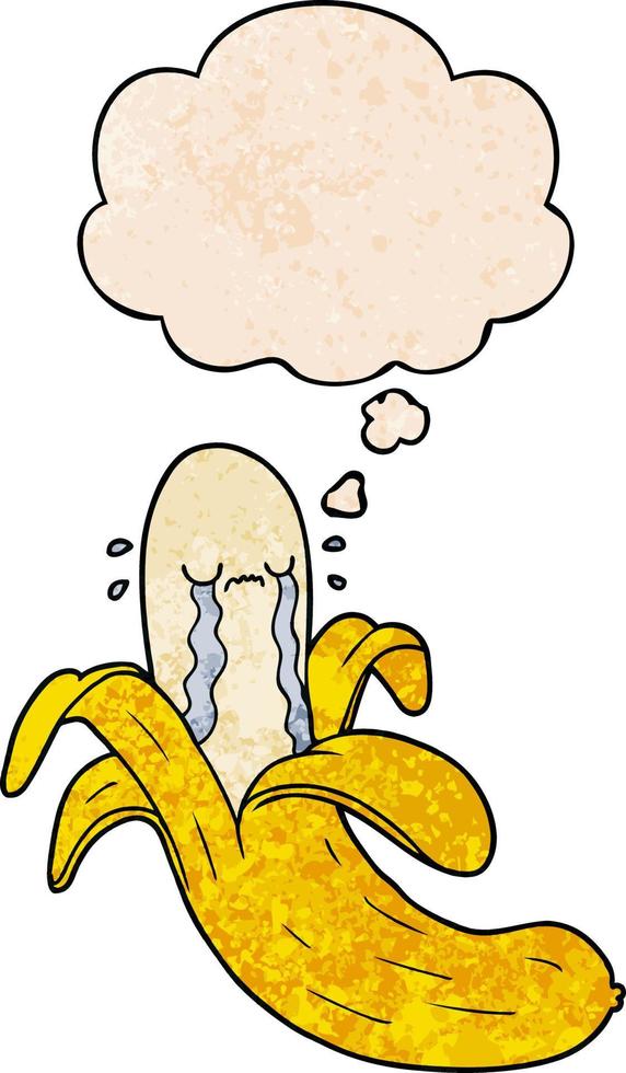 cartoon crying banana and thought bubble in grunge texture pattern style vector