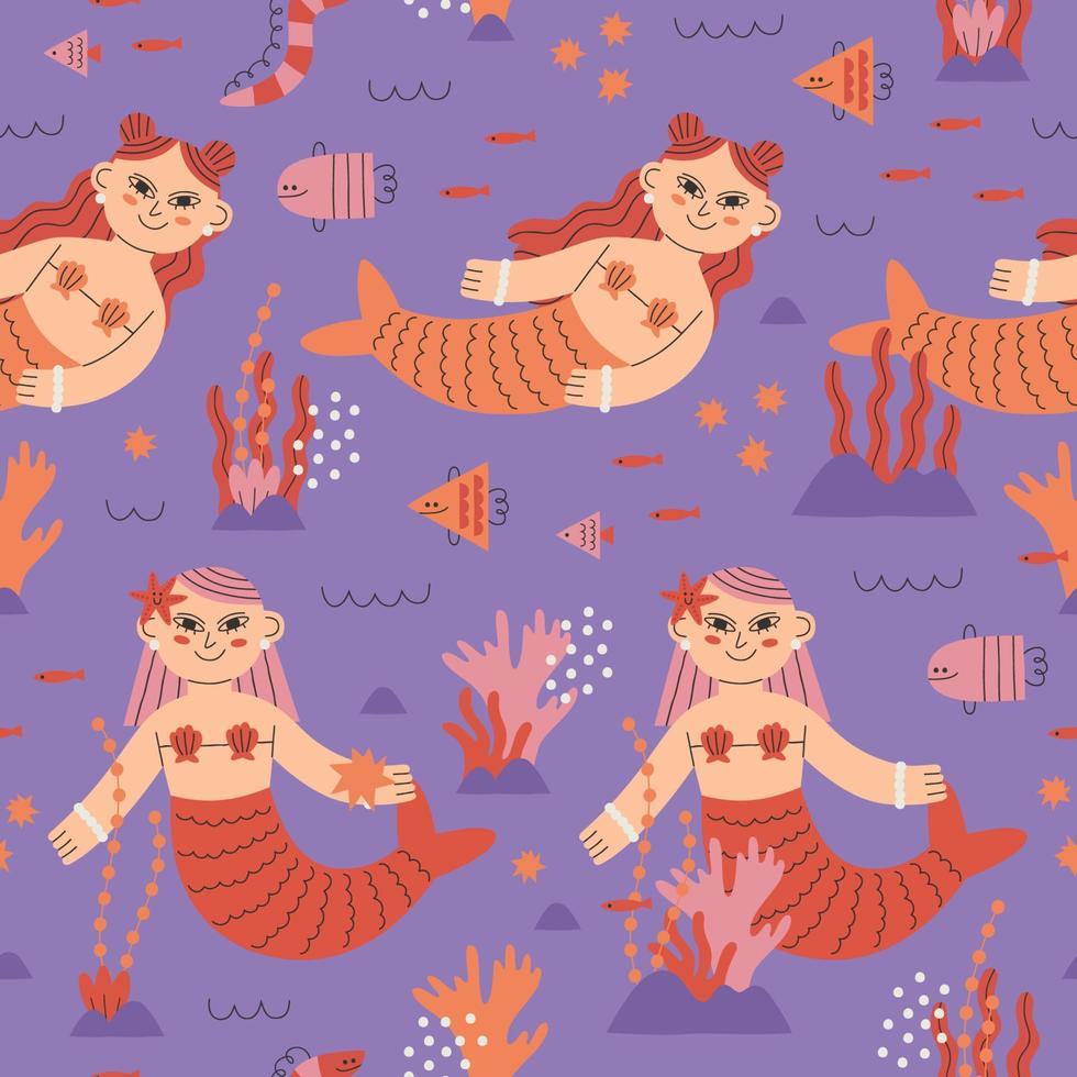 Magical Mermaids Swimming Under The Sea Seamless Pattern vector