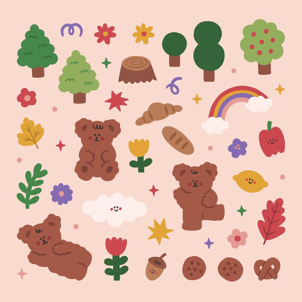 dibujado a mano conjunto ilustración vectorial de flores y hojas de árbol de oso vector