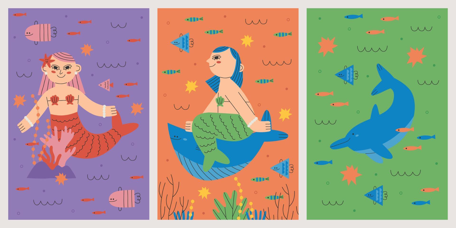 conjunto de sirena bajo la ilustración del mar vector