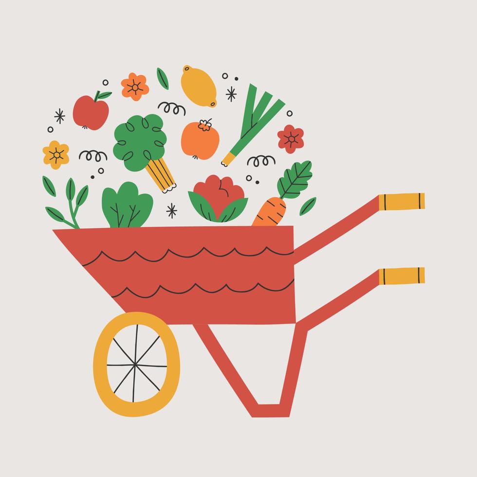 Wheelbarrow Filled With Potted Plants. Isolated Plants In Wheelbarrow Graphic Illustration. vector