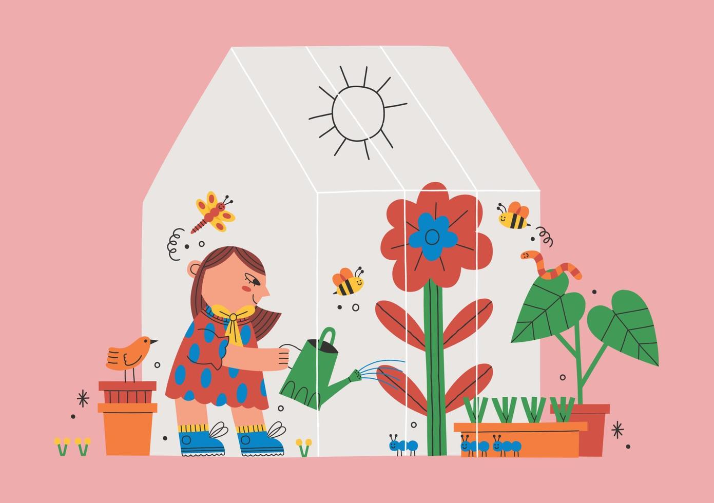 una niña en invernadero con regadera. una niña regando las flores y las plantas. linda ilustración vectorial. vector