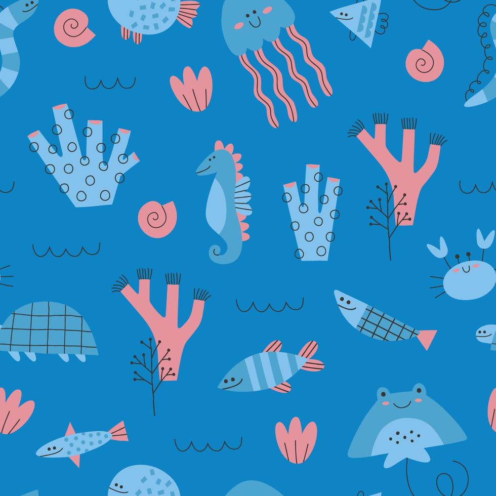 Underwater Doodle Seamless Pattern. Cute Sea Creatures Seamless Pattern vector