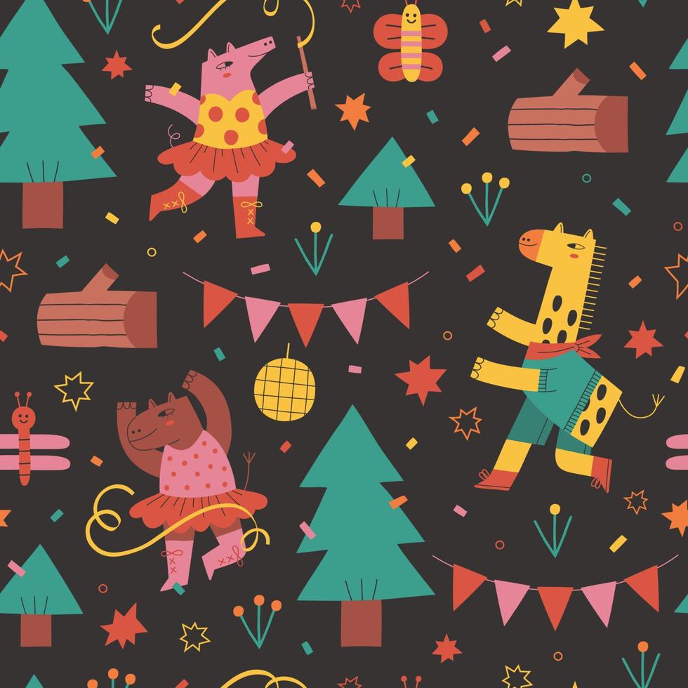 Cute handdrawn of dancing forest animal seamless pattern vector