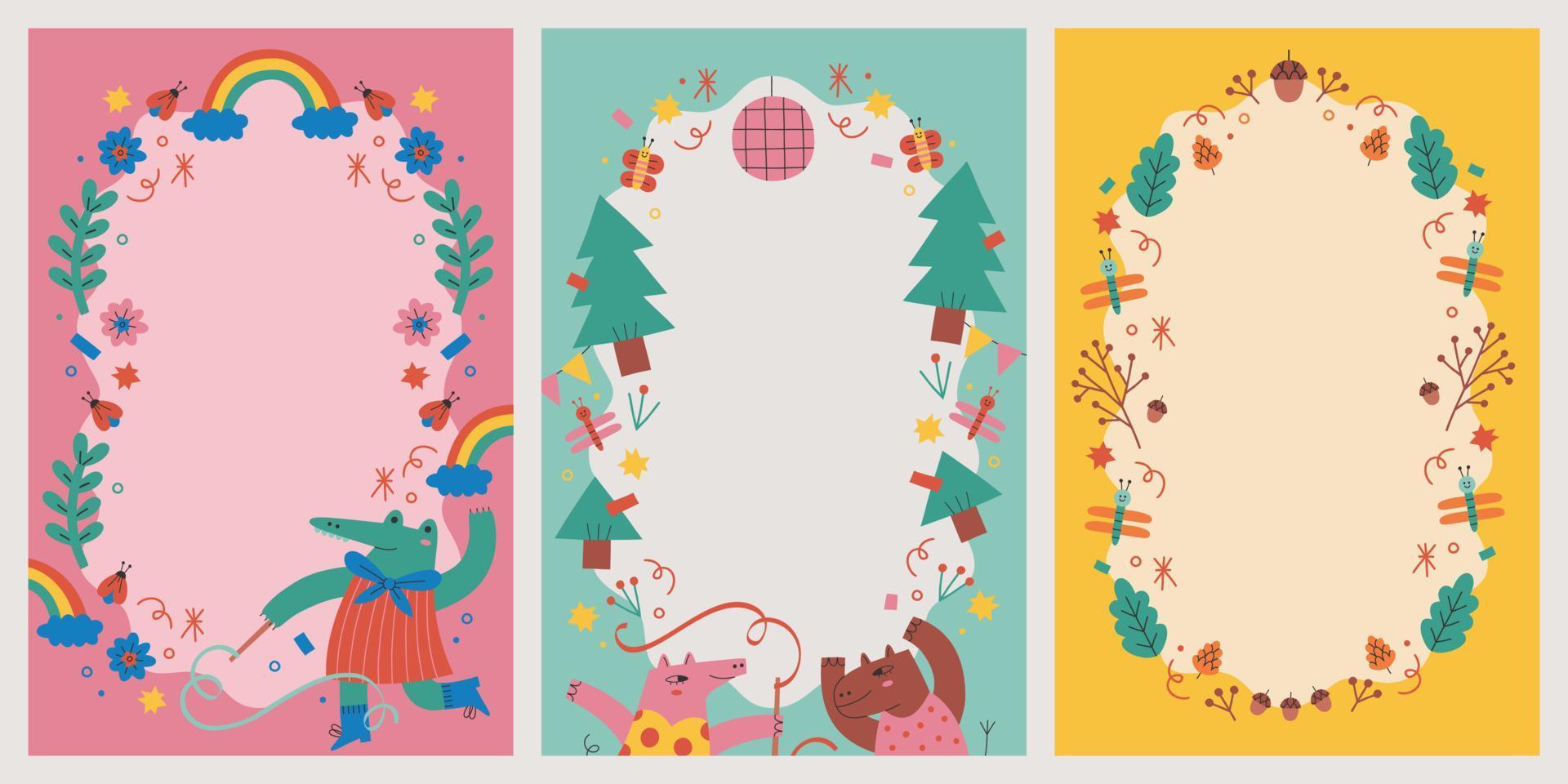 Set of children memo scrapbook and notes animal forest wreath templates vector