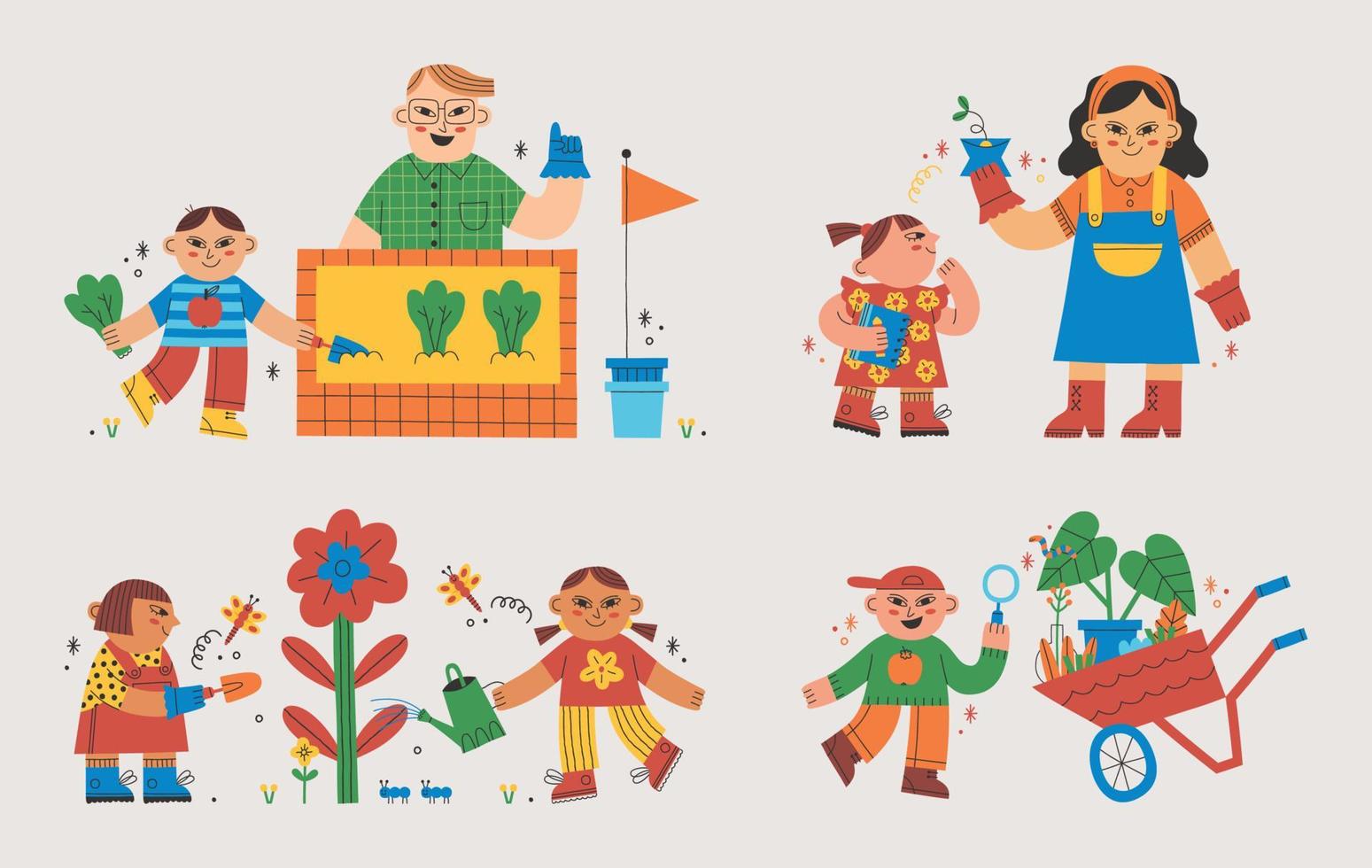 Set Illustration Of Girls And Boys Doing A Gardening Class With Teacher. Children Seek Farming Experience vector