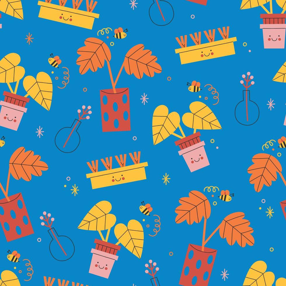 Cute Smiling Plants Seamless Pattern. Plants In Pot And Bugs Doodle Elements. Colorful Cartoon Gardening Themed Pattern Design. vector