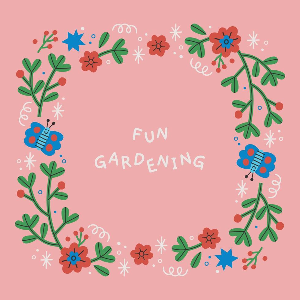 Plants, Leaves, Butterflies And Flowers Colourful Decorative Frame In Cute Hand Drawn Style. Illustration Border For Print Card Or Invitation vector